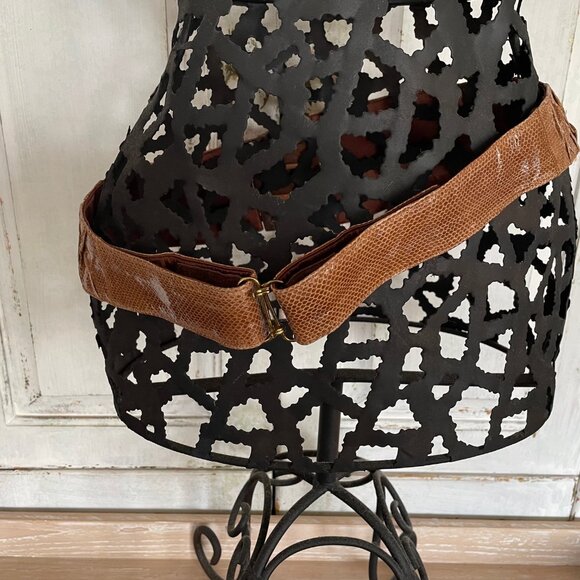 Vintage Wide Brown Reptile Design Contour Belt w/ Wooden Accents & Shell Inlays